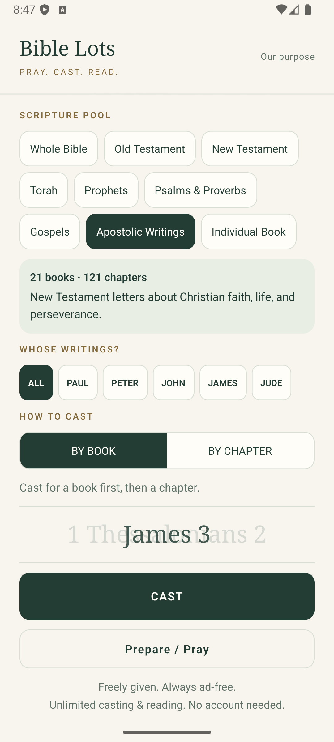 Bible Lots app showing Scripture pools and casting controls
